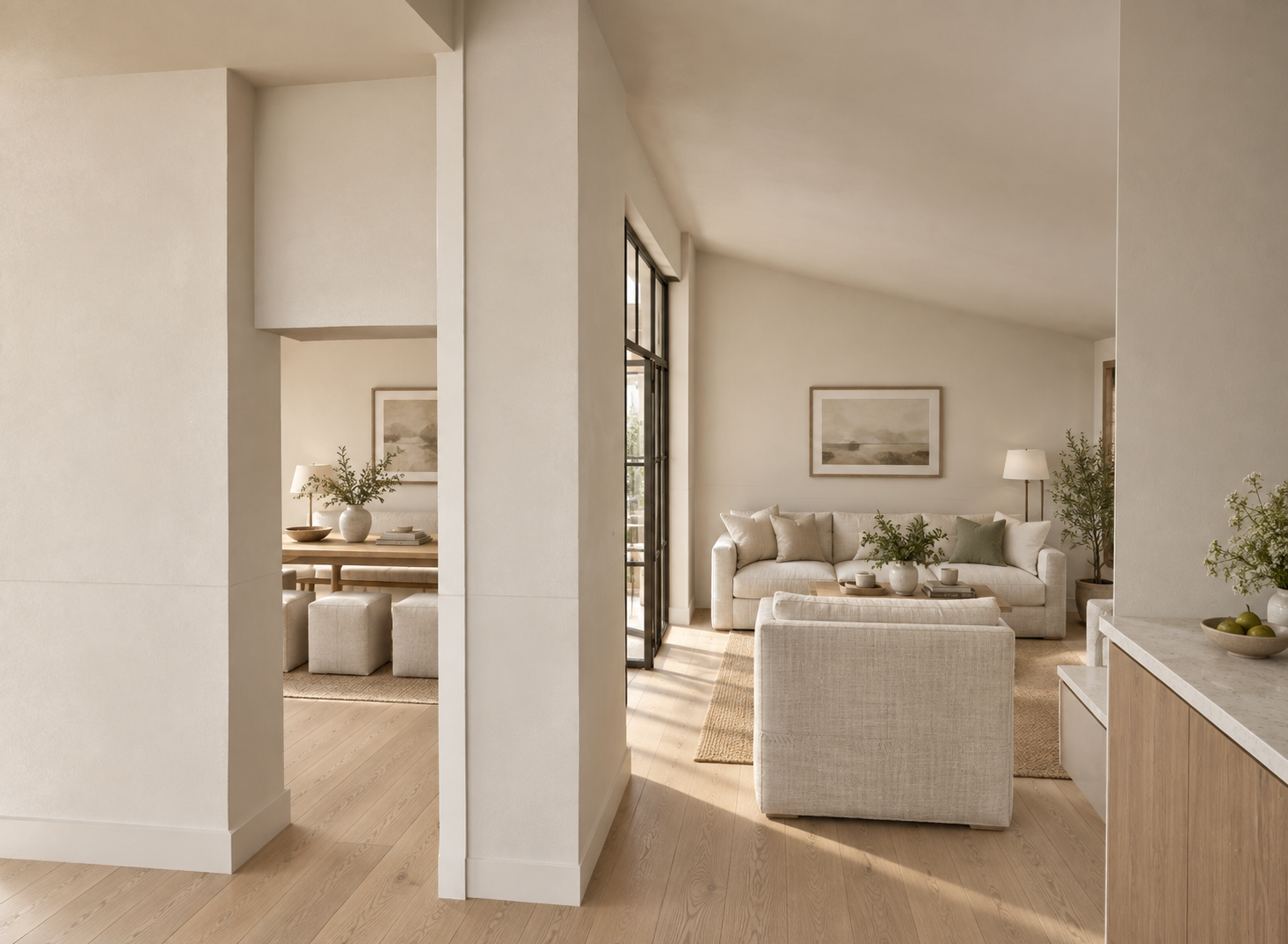 From the entrance across the living spaces