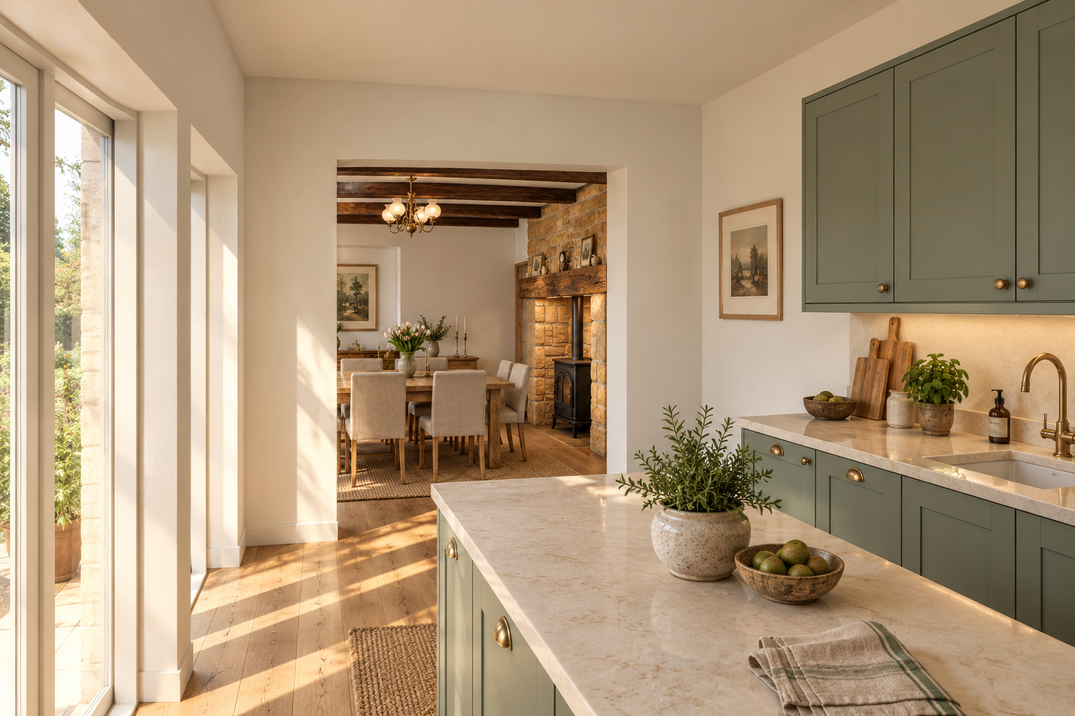 From the kitchen towards the dining-room fireplace