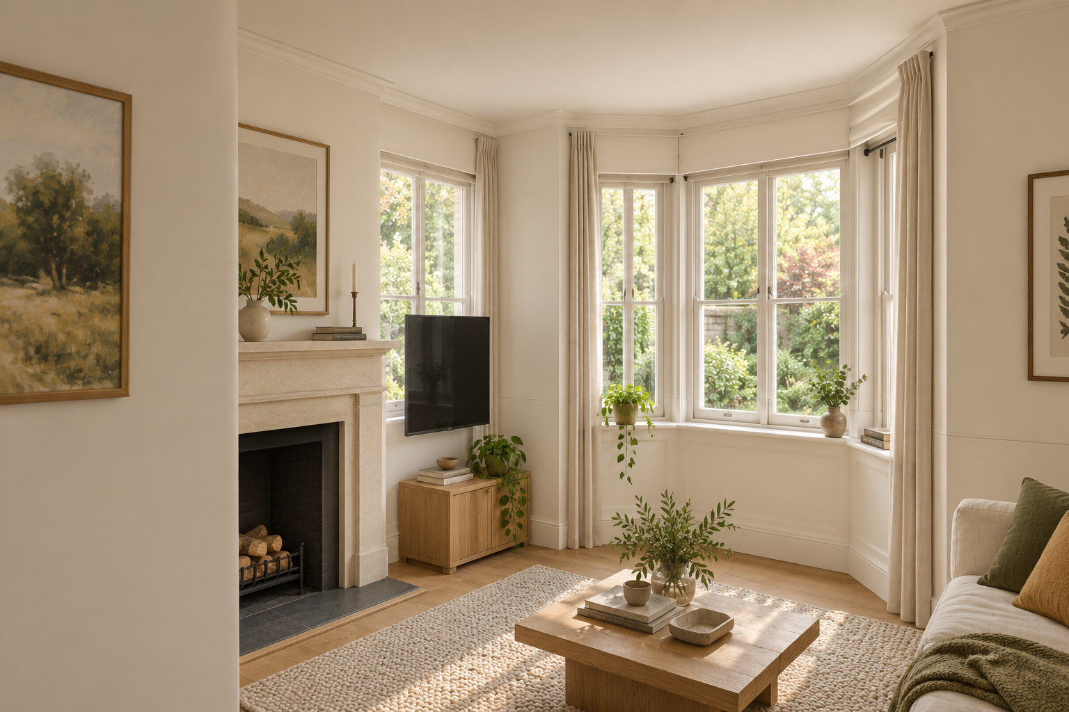 Inside the retained bay-windowed living room