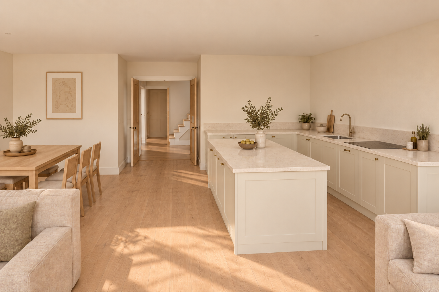 From the rear seating area towards the kitchen