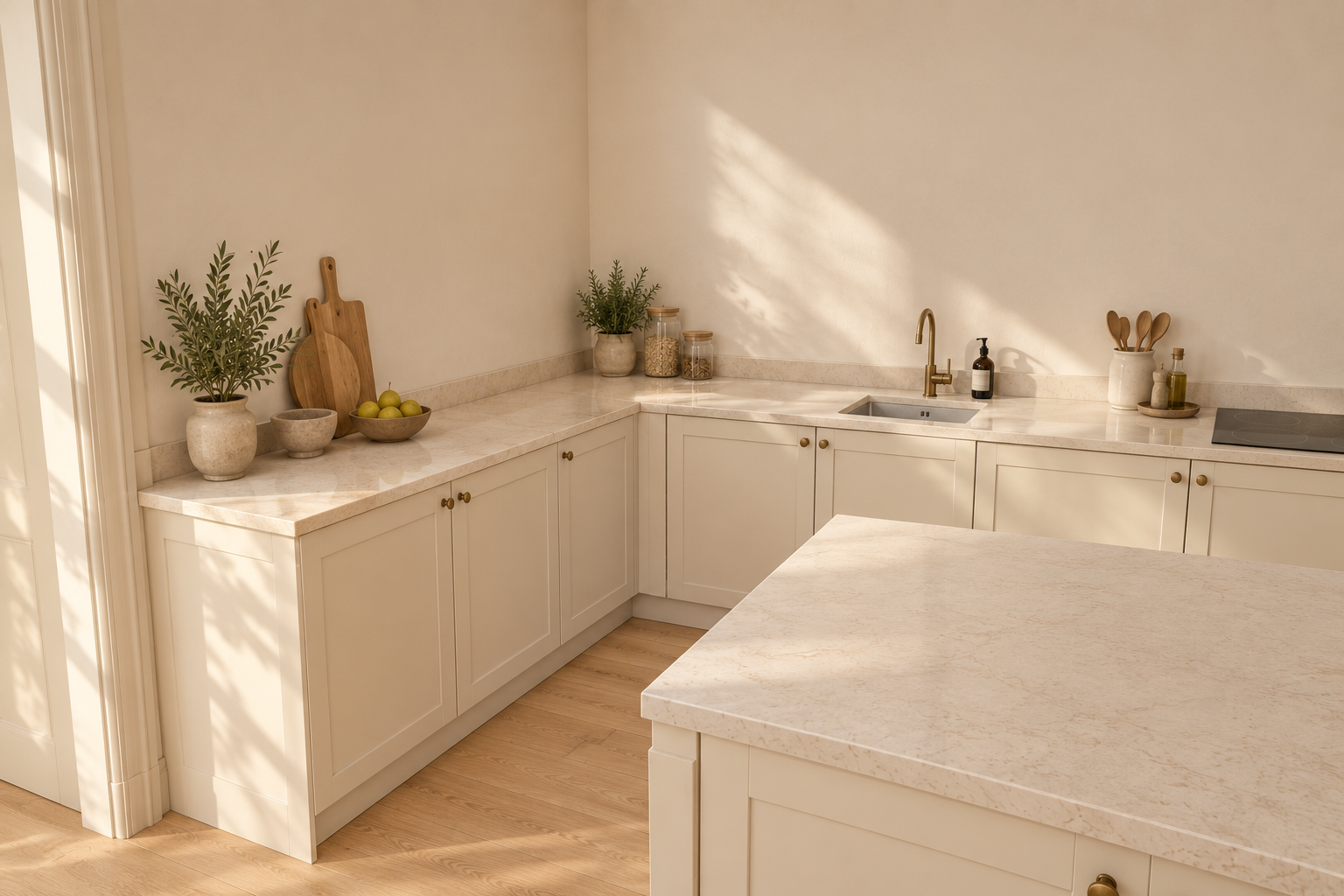 Along the island towards the fitted kitchen