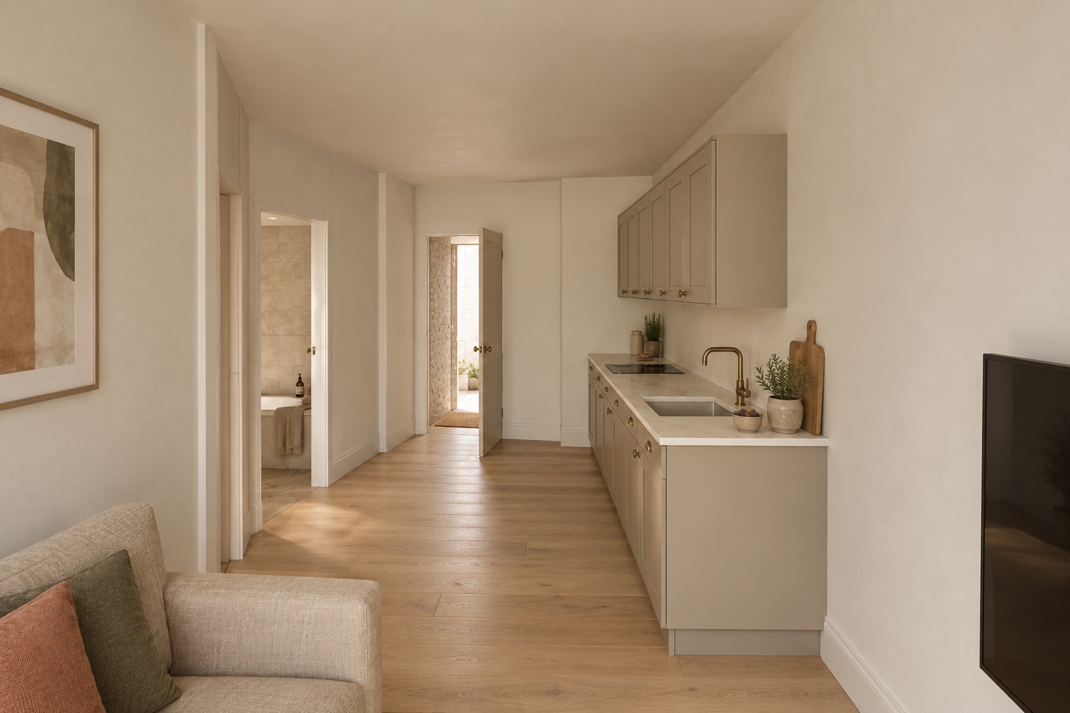 From the living area towards the fitted kitchen