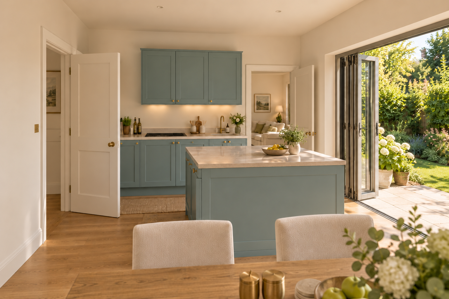 Across the dining table towards the kitchen