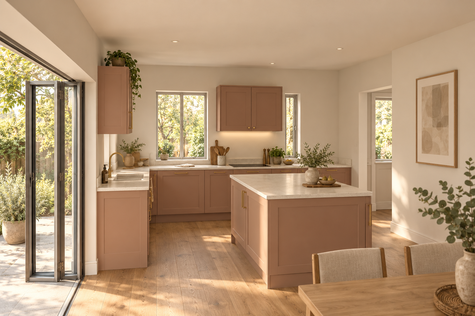 Across the dining table towards the fitted kitchen