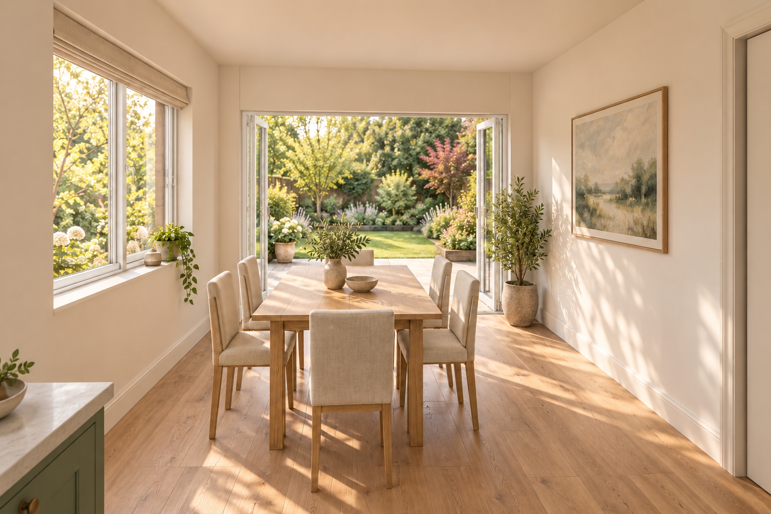 From the kitchen towards dining and the garden