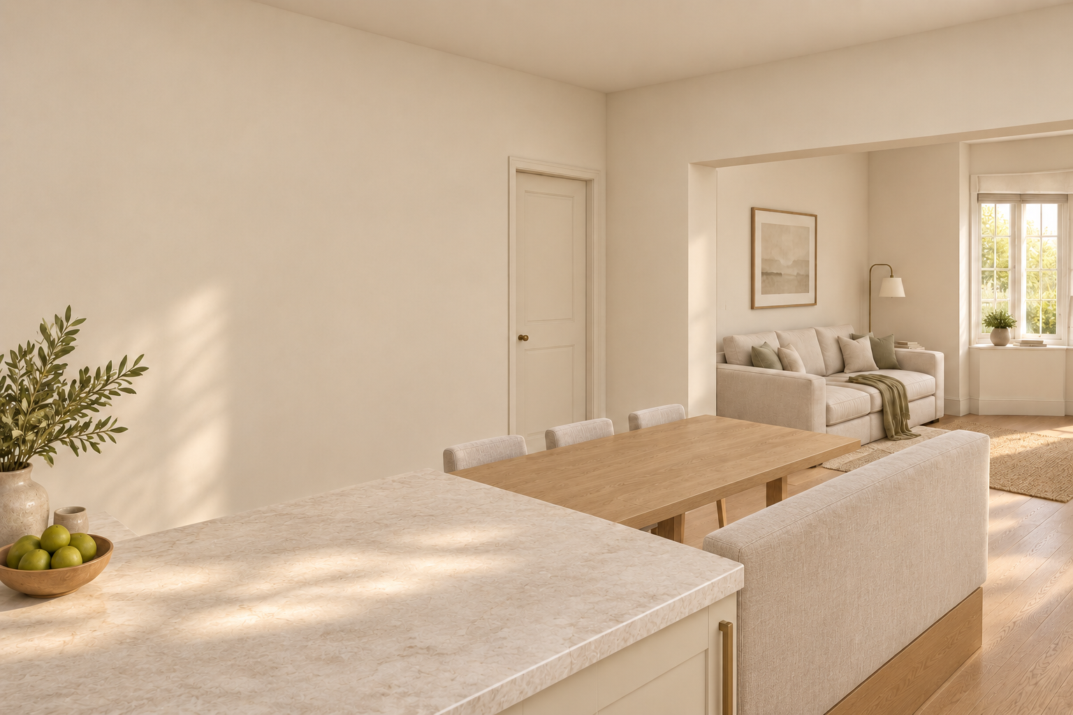 From the kitchen towards the dining table and living room